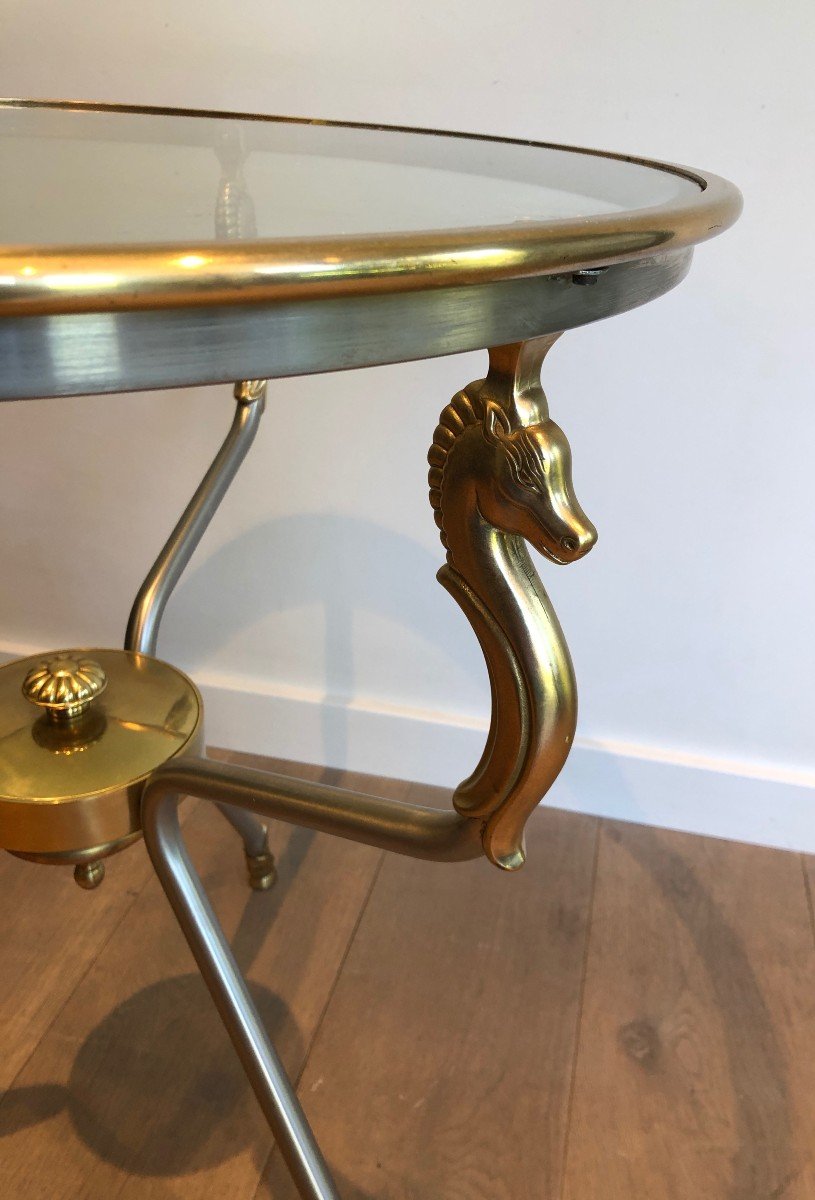 Brushed Steel And Brass Seahorse Heads Gueridon. French Work In The Style Of Maison Jansen-photo-2