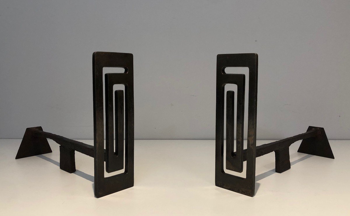 Pair Of Steel And Iron Modernist Andirons. French Work, Circa 1970