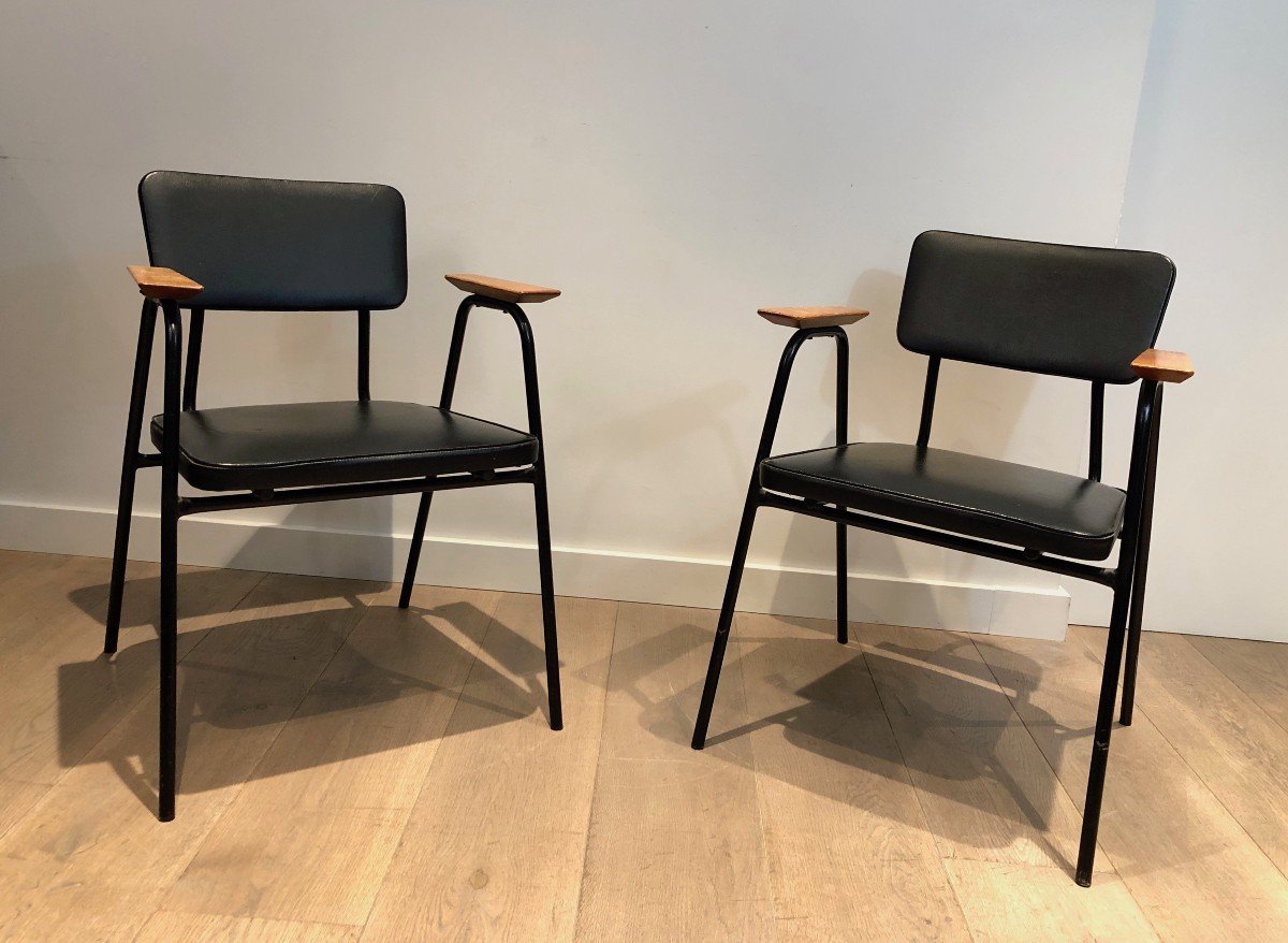 Pair Of Black Lacquered Metal And Black Faux-leather Armchairs With Wooden Arms, Circa 1950-photo-2