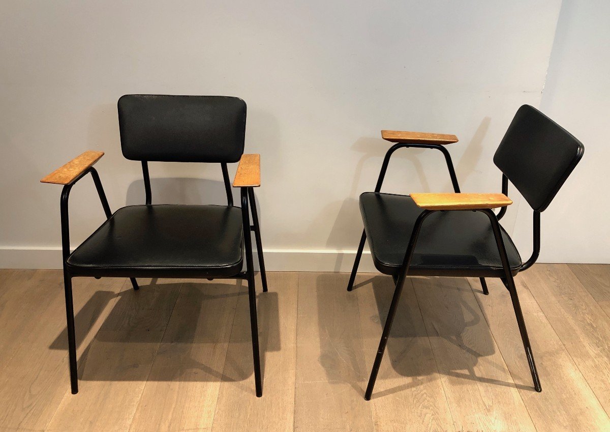 Pair Of Black Lacquered Metal And Black Faux-leather Armchairs With Wooden Arms, Circa 1950-photo-3