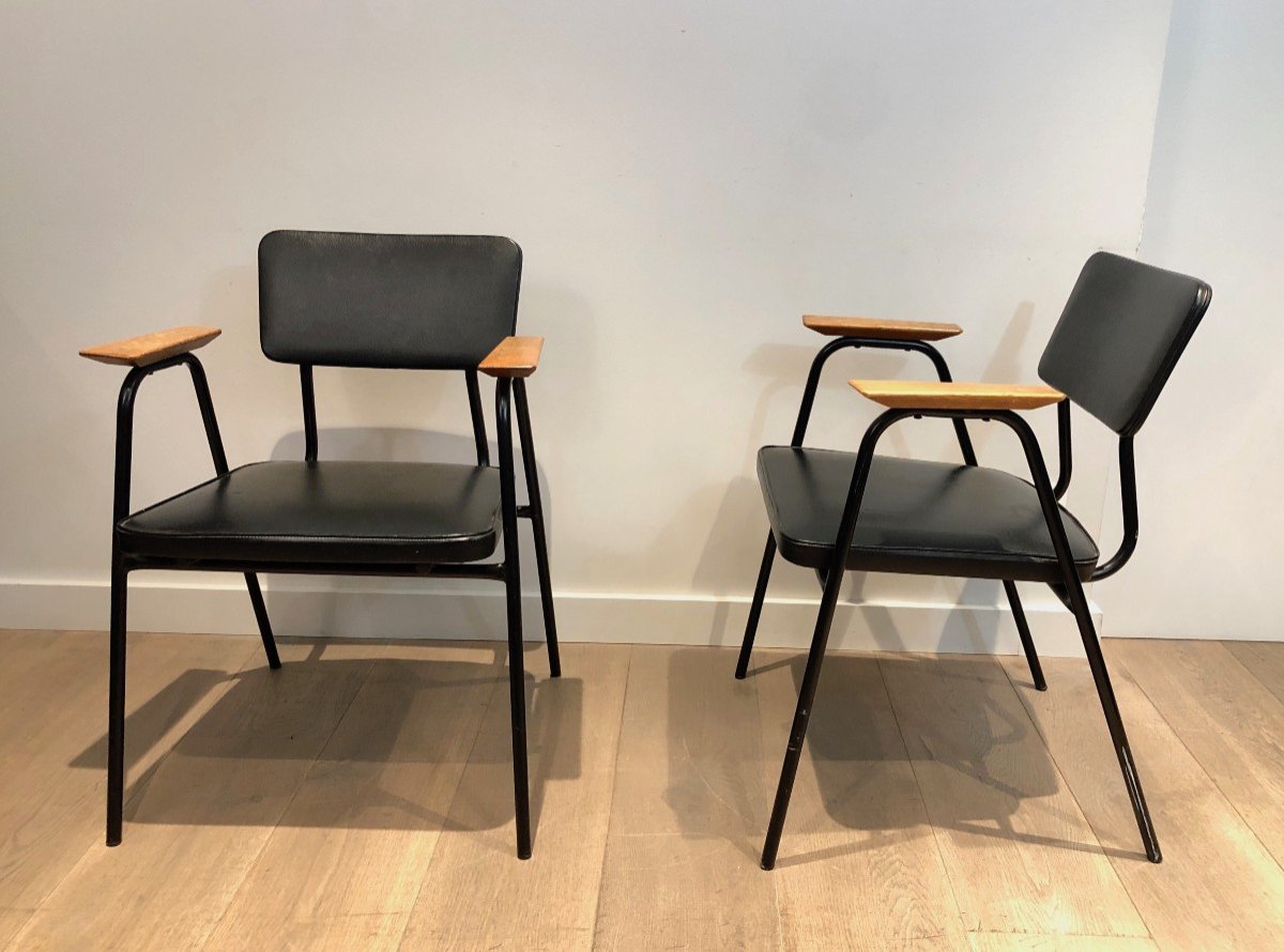 Pair Of Black Lacquered Metal And Black Faux-leather Armchairs With Wooden Arms, Circa 1950-photo-4