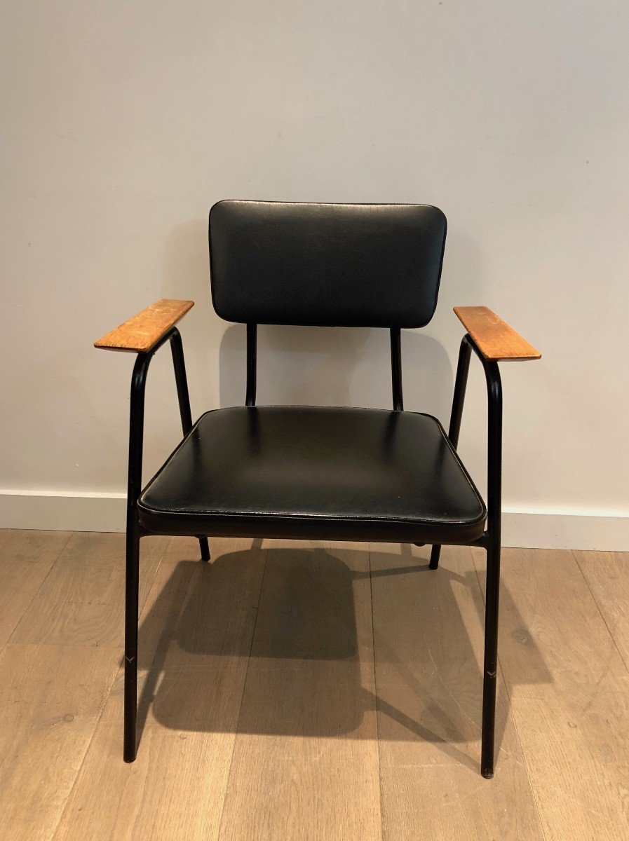 Pair Of Black Lacquered Metal And Black Faux-leather Armchairs With Wooden Arms, Circa 1950-photo-1