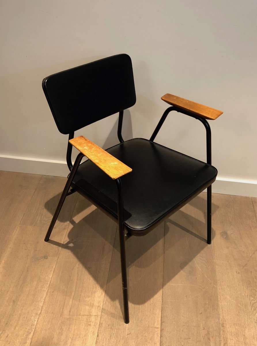 Pair Of Black Lacquered Metal And Black Faux-leather Armchairs With Wooden Arms, Circa 1950-photo-2