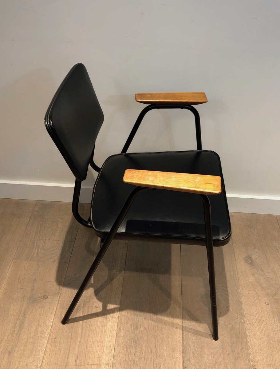 Pair Of Black Lacquered Metal And Black Faux-leather Armchairs With Wooden Arms, Circa 1950-photo-4