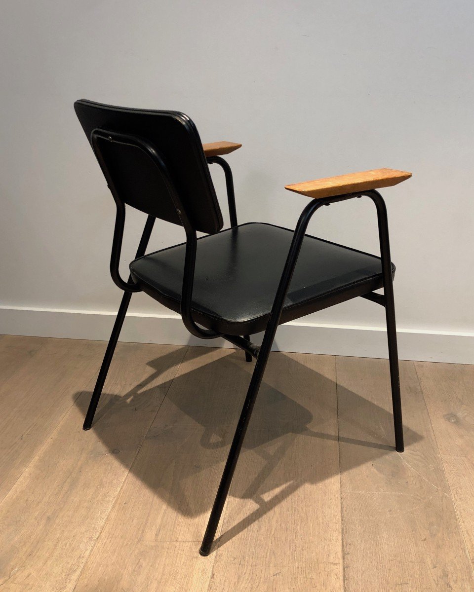 Pair Of Black Lacquered Metal And Black Faux-leather Armchairs With Wooden Arms, Circa 1950-photo-6