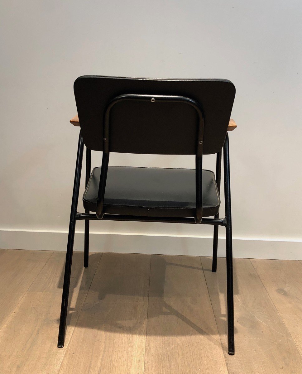 Pair Of Black Lacquered Metal And Black Faux-leather Armchairs With Wooden Arms, Circa 1950-photo-7