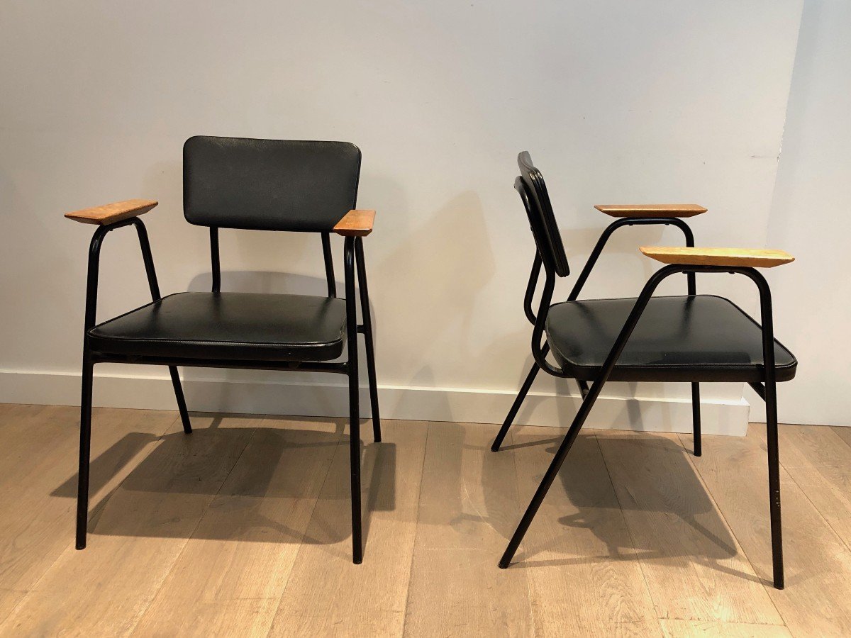 Pair Of Black Lacquered Metal And Black Faux-leather Armchairs With Wooden Arms, Circa 1950-photo-8