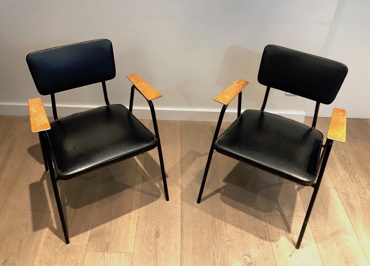 Pair Of Black Lacquered Metal And Black Faux-leather Armchairs With Wooden Arms, Circa 1950