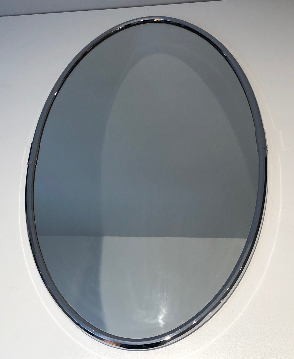 Chromed Oval Mirror In The Art Deco Style. French. Circa 1970-photo-3