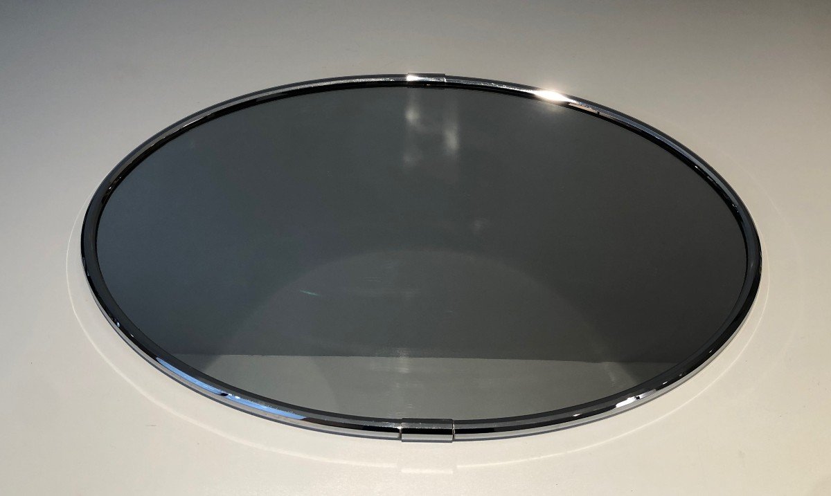 Chromed Oval Mirror In The Art Deco Style. French. Circa 1970-photo-4