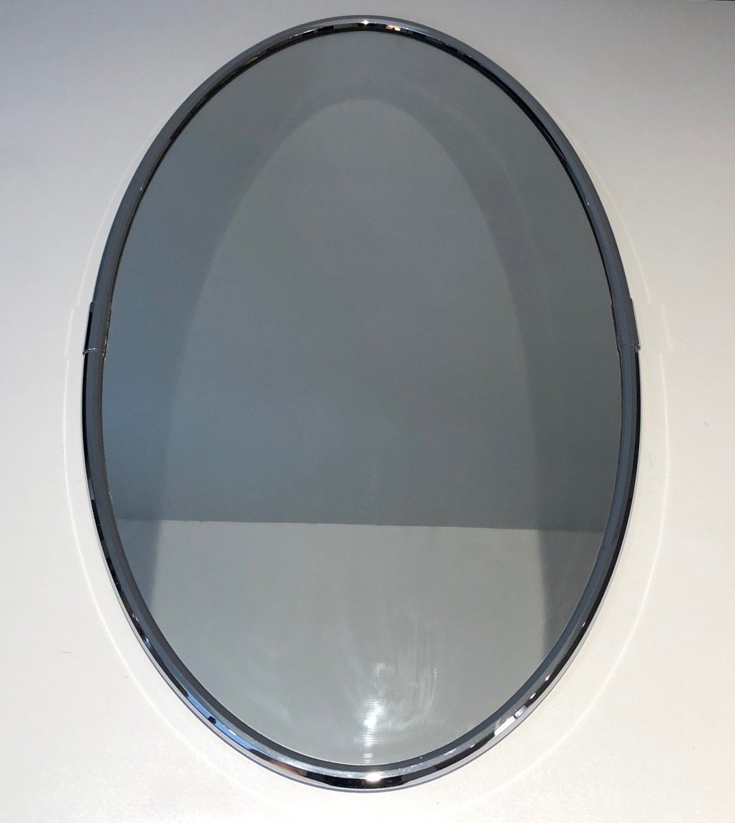 Chromed Oval Mirror In The Art Deco Style. French. Circa 1970-photo-8