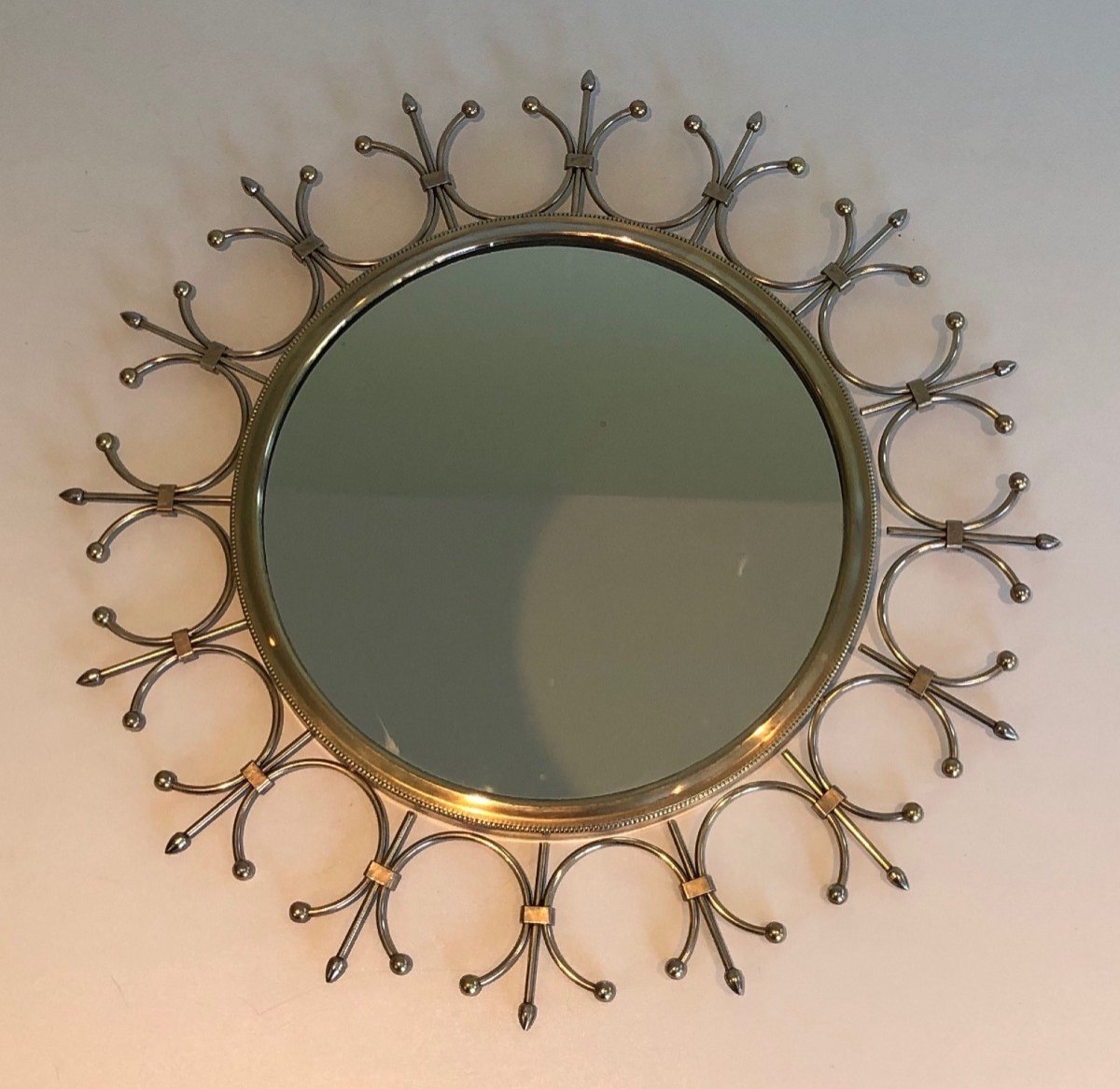 Brass And Brushed Steel Sunburst Mirror. French Work. Circa 1970-photo-2