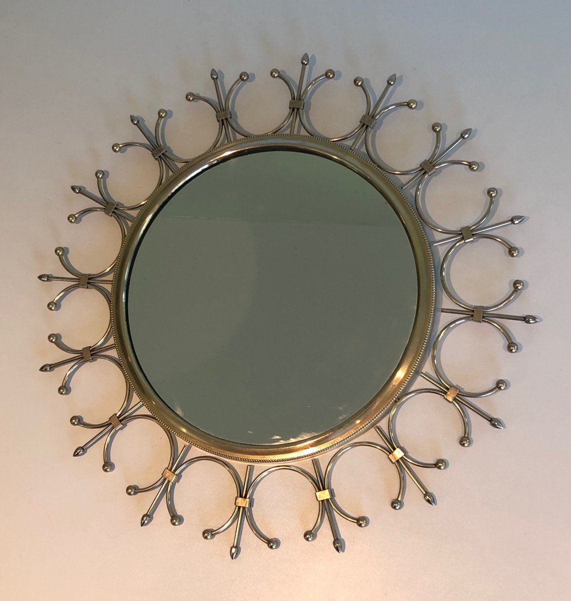 Brass And Brushed Steel Sunburst Mirror. French Work. Circa 1970-photo-3