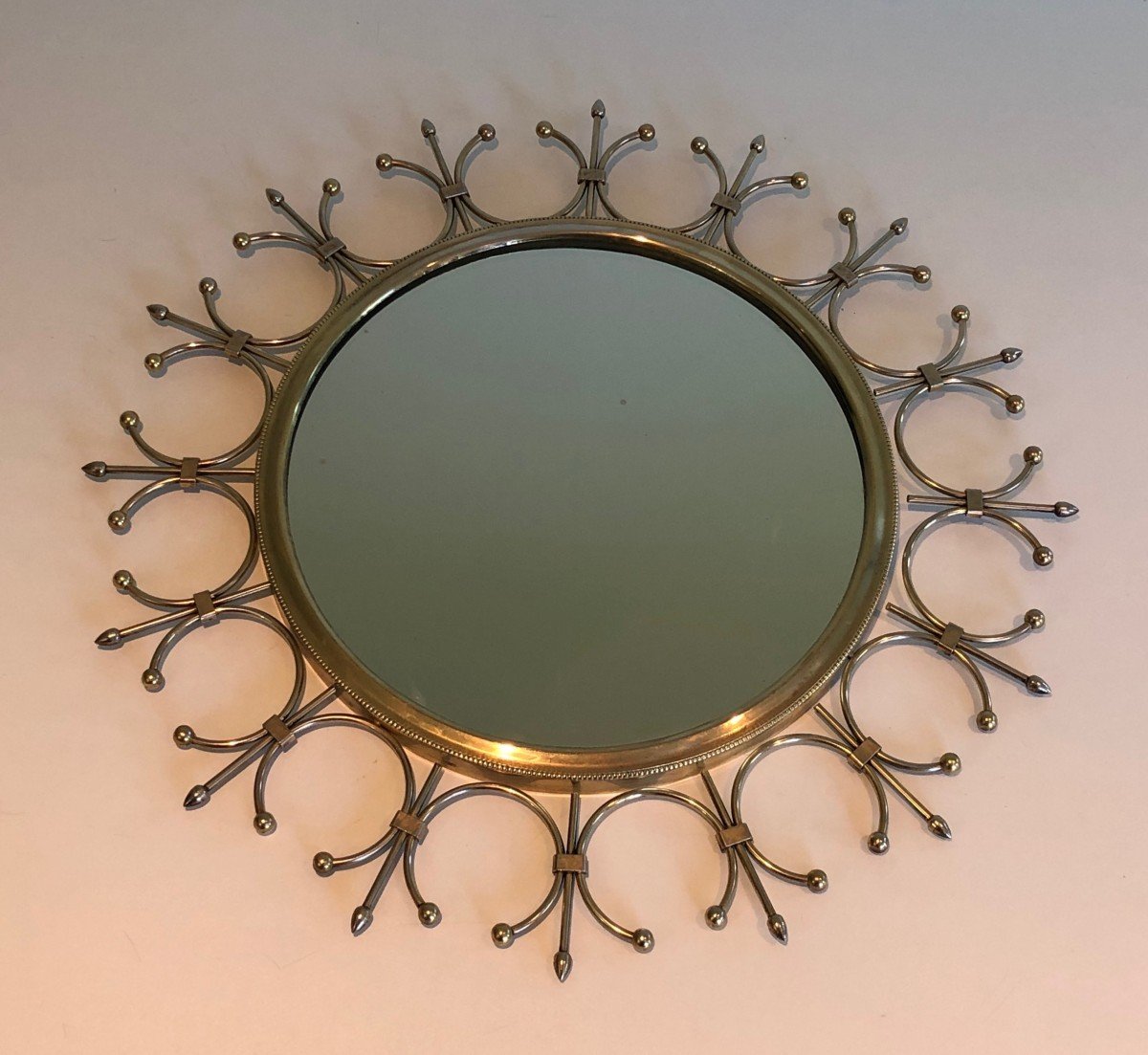 Brass And Brushed Steel Sunburst Mirror. French Work. Circa 1970-photo-4