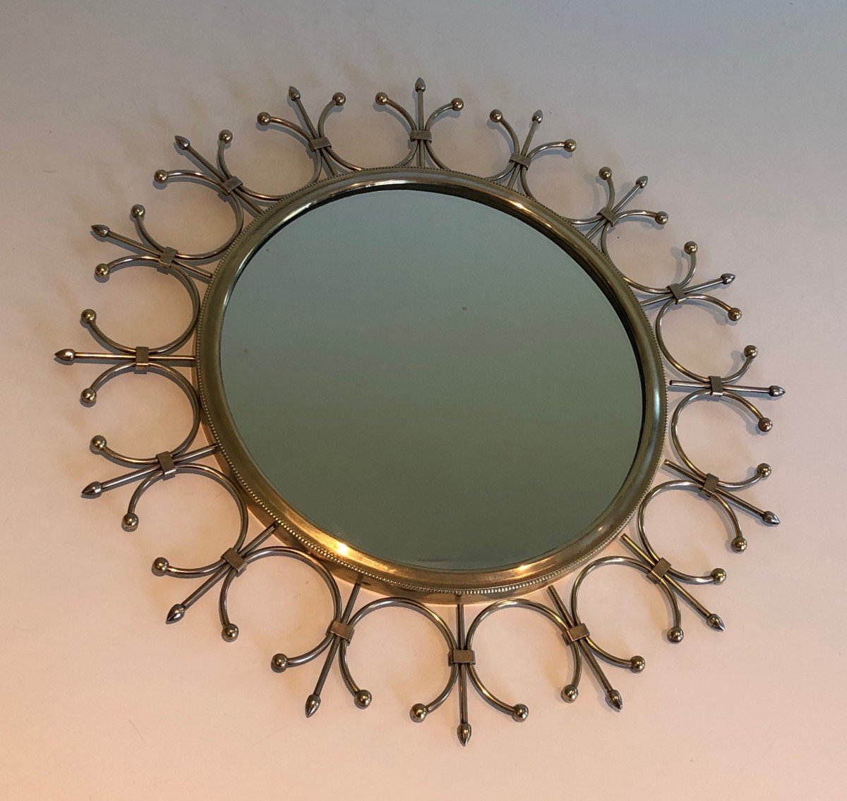 Brass And Brushed Steel Sunburst Mirror. French Work. Circa 1970-photo-1