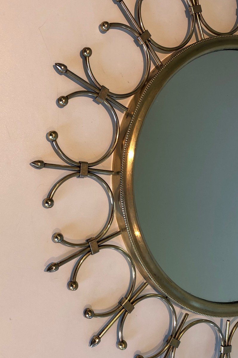 Brass And Brushed Steel Sunburst Mirror. French Work. Circa 1970-photo-2