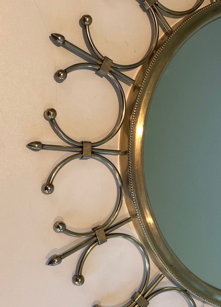 Brass And Brushed Steel Sunburst Mirror. French Work. Circa 1970-photo-3