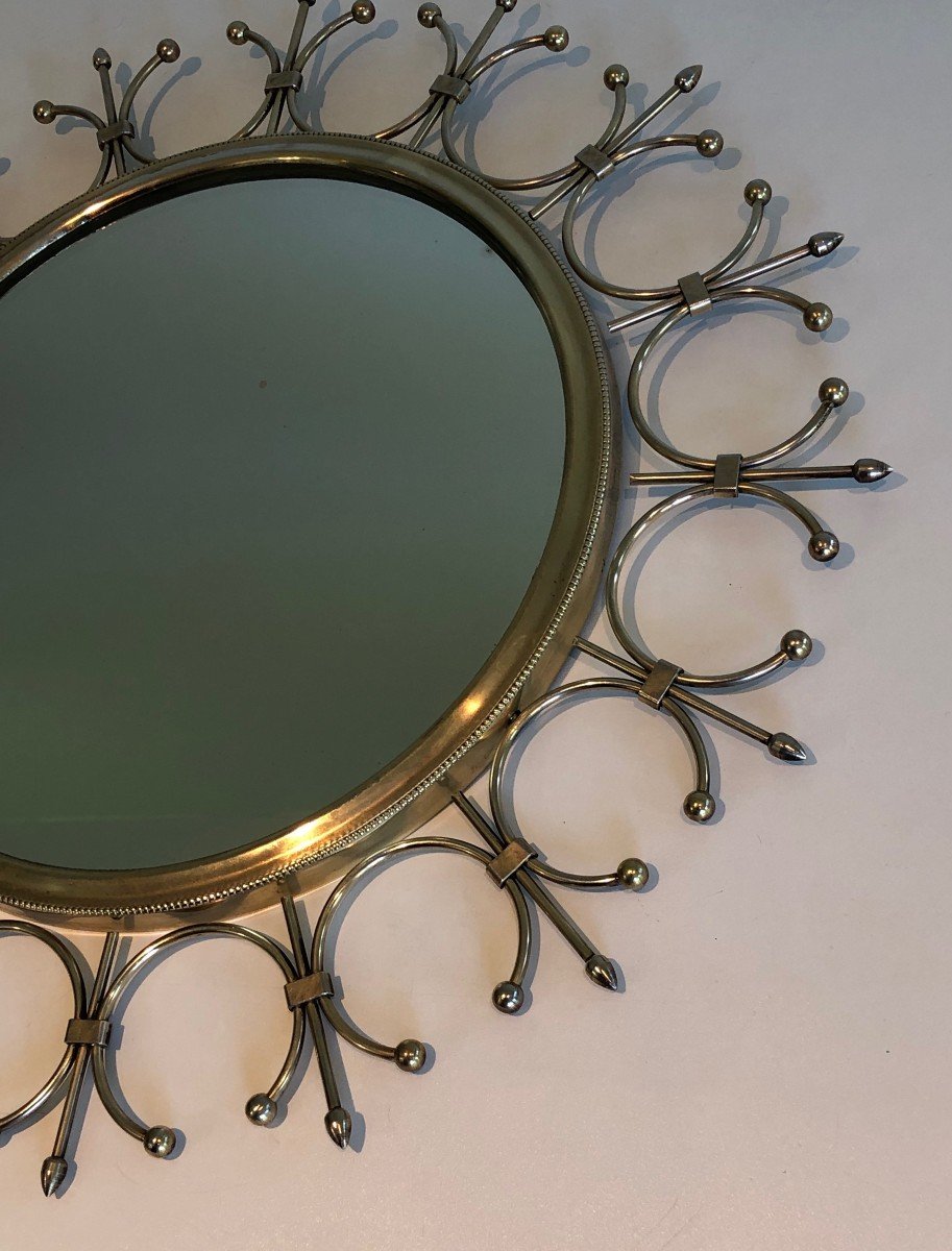 Brass And Brushed Steel Sunburst Mirror. French Work. Circa 1970-photo-5