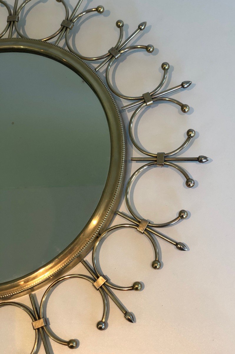 Brass And Brushed Steel Sunburst Mirror. French Work. Circa 1970-photo-6