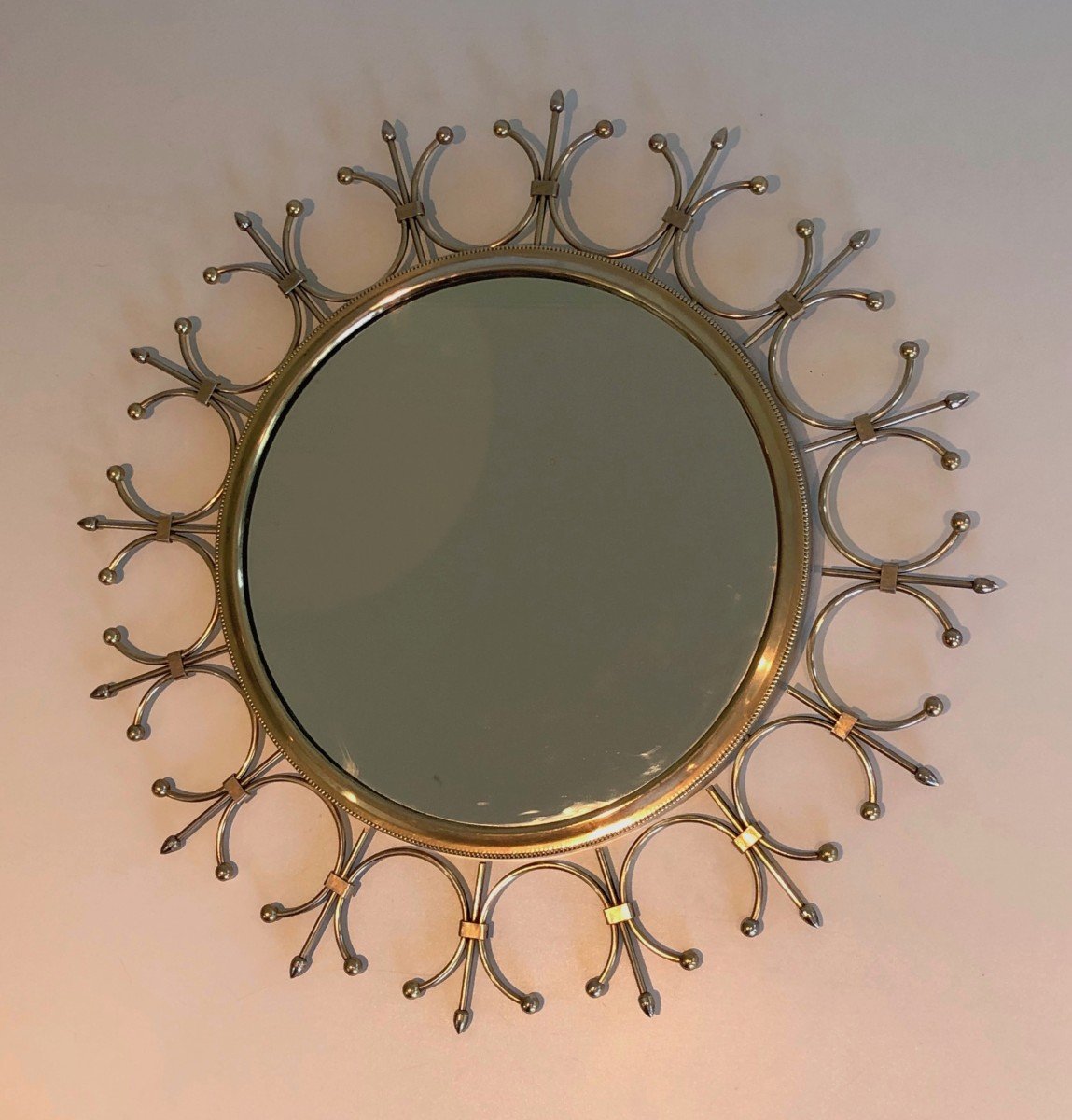 Brass And Brushed Steel Sunburst Mirror. French Work. Circa 1970-photo-8