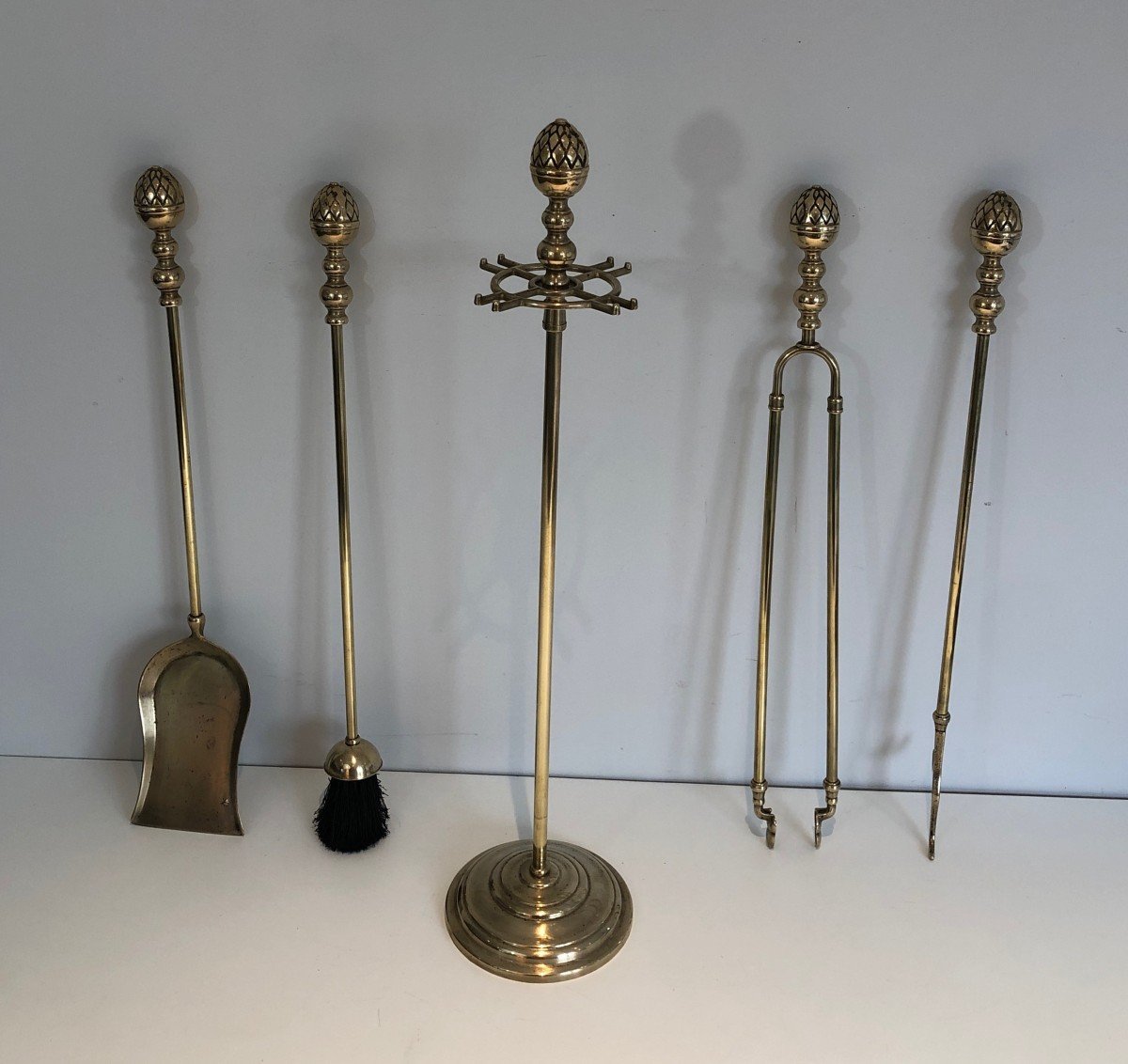 Brass Pineapple Fireplace Tools. French Work In The Style Of Maison Baguès. Circa 1970-photo-3