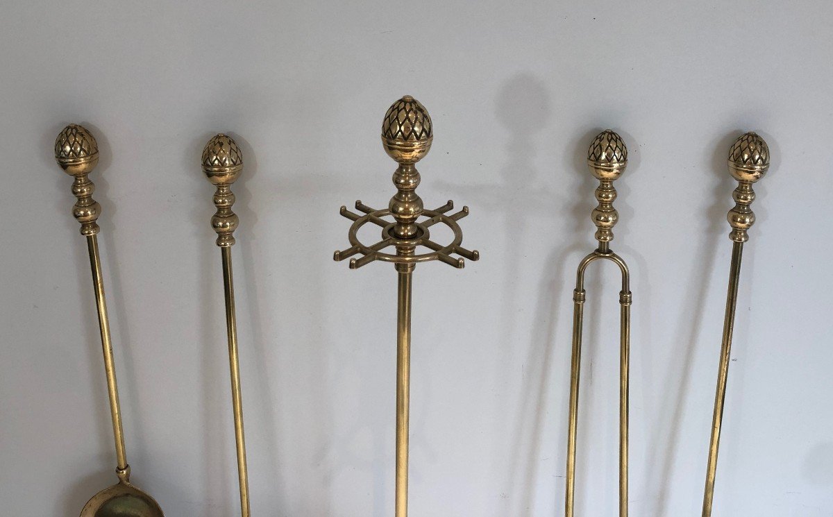 Brass Pineapple Fireplace Tools. French Work In The Style Of Maison Baguès. Circa 1970-photo-4