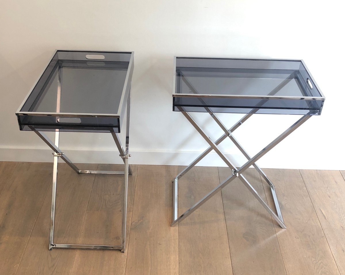 Pair Of Side Tables Made Of Folding Chrome Bases With Blueish Lucite Tops. French Work. 1970's-photo-4