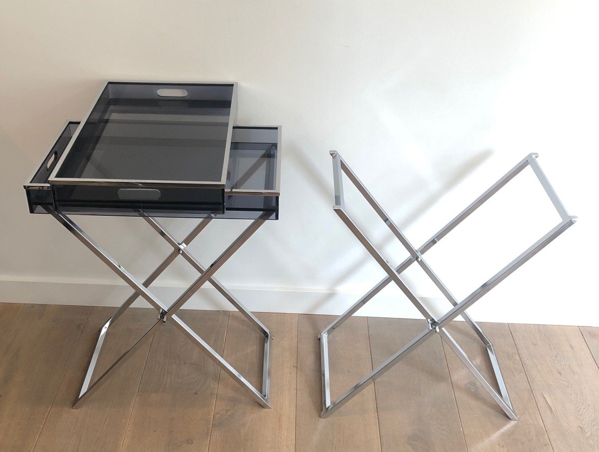 Pair Of Side Tables Made Of Folding Chrome Bases With Blueish Lucite Tops. French Work. 1970's-photo-1