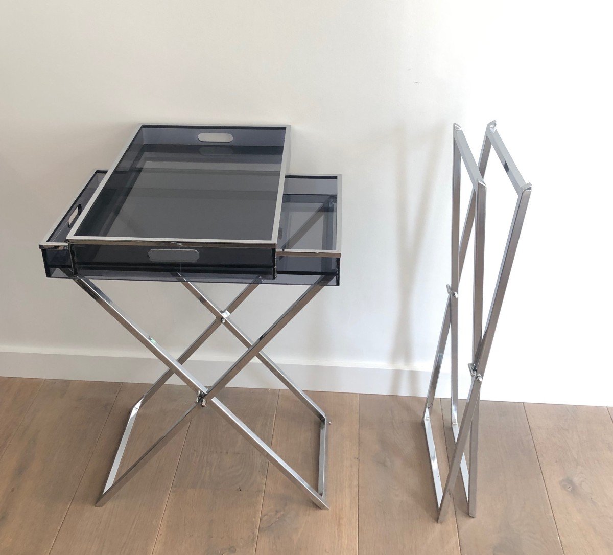 Pair Of Side Tables Made Of Folding Chrome Bases With Blueish Lucite Tops. French Work. 1970's-photo-2