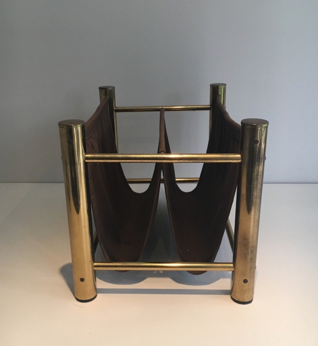 Gilt Metal And Fabric Magazine Rack. French Work. Circa 1970-photo-1