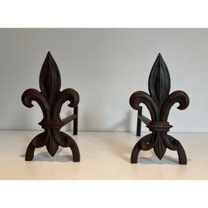 Pair Of Fleurs De Lys Cast Iron And Wrought Iron Andirons