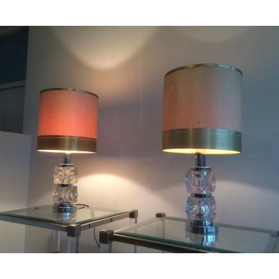 Paire De Lampe En Verre Et Chome.