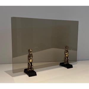 Smoked Glass And Bronze Fireplace Screen With Seated Shamans, Monogramed By Anton Prinner