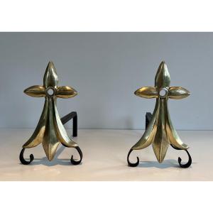 Pair Of Art & Crafts Fleurs De Lys (lily Flower) Bronze And Wrought Iron Andirons. French Work Maked Mr With The Image Of A Seahorse. Circa 1900