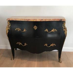 Curved Ebonized Chest Of Drawers With Bronze Elements And A Nice Marble Top