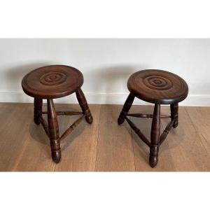 Pair Of Turned Wood Stools. French Work Attributed To Charles Dudouyt. Circa 1950