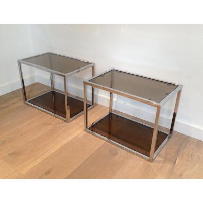 Pair Of Chrome And Smoked Glasses Side Tables. Circa 1970