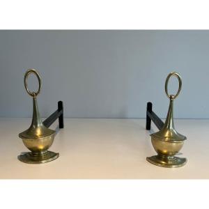 Pair Of Bronze Andirons In Neoclassical Style. English Work. Around 1960