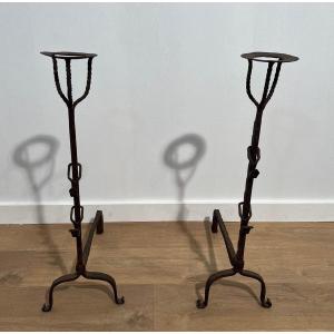 Pair Of Wrought Iron Landiers With Rack. French Work. 18th Century