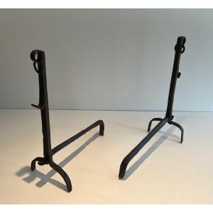 Pair Of Wrought Iron Andirons With Rack. French Work. 18th Century