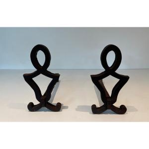 Pair Of Modernized Andirons In Cast Iron And Wrought Iron. French Work By Raymond Subes. Around 1940