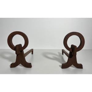 Pair Of Modernist Wrought Iron Andirons. French Work In The Taste Of Jacques Adnet. Towards