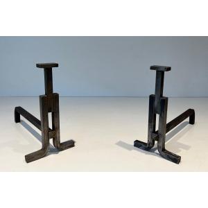 Pair Of Modernist Wrought Iron Andirons. French Work. Circa 1950