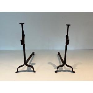 Pair Of Wrought Iron Andirons With Rack. French Work. Around 1900