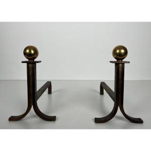 Pair Of Modernist Steel, Brass And Wrought Iron Andirons. French Work In The Style Of Jacques Adnet. Circa 1940
