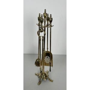 Neoclassical Style Brass Fireplace Tools On Stand. French Work. Circa 1940