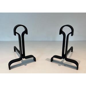 Pair Of Modernist Wrought Iron Andirons. French Work. Circa 1940