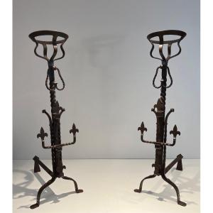 Pair Of Important Wrought Iron Landiers. French Work In The Gothic Style. Circa 1900