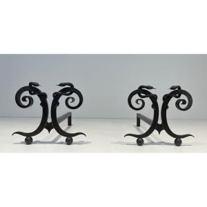 Pair Of Wrought Iron Andirons, "snakes" Model. French Work In The Style Of Edgar Brandt. Circa 1920