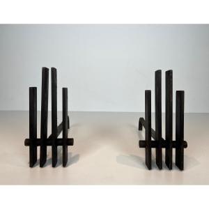 Pair Of Modernist Wrought Iron Andirons. French Work. Circa 1950